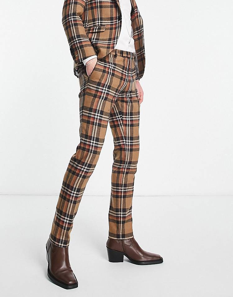 Twisted Tailor nevada skinny suit pants in beige and blue tartan check